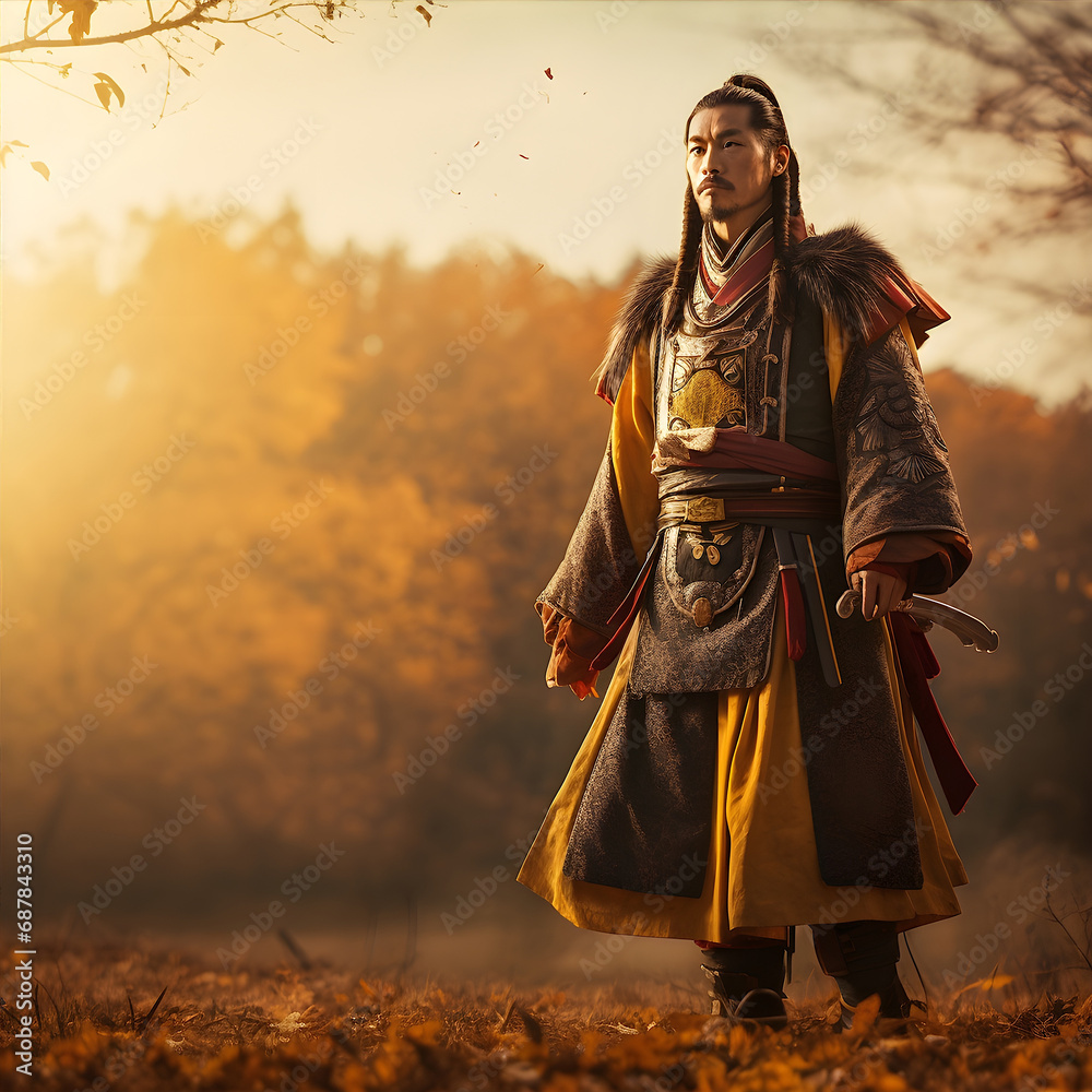 Ancient Chinese Warrior in Autumn Sunrise Scene AI Artwork