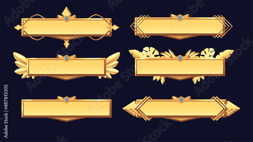 Golden frames set decorated with gem, leaves, feathers, vector cartoon royal buttons, bronze metallic rectangular border