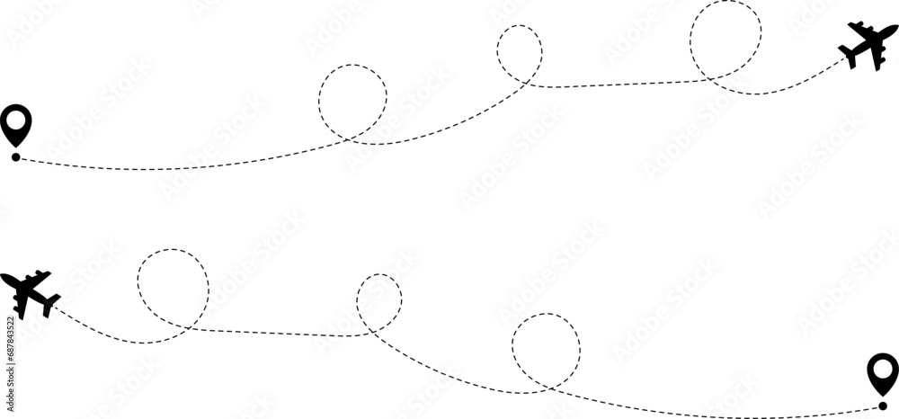 Airplane routes. Travel vector icon. Travel from start point and dotted line tracing. Airplane routes. Travel vector icon. Travel from start point and dotted line tracing.