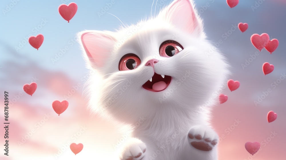A white cat with hearts flying around it A white cat with hearts flying around it