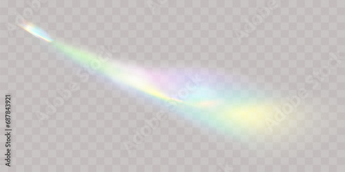 A set of colourful vector lens, crystal rainbow  light  and  flare transparent effects.Overlay for backgrounds.Triangular prism concept.