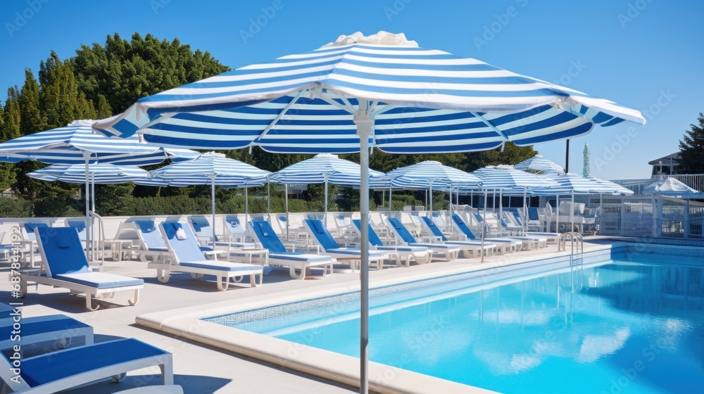 A group of lounge chairs and umbrellas next to a swimming pool
