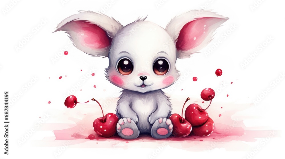 A white rabbit sitting on the ground with cherries A white rabbit sitting on the ground with cherries