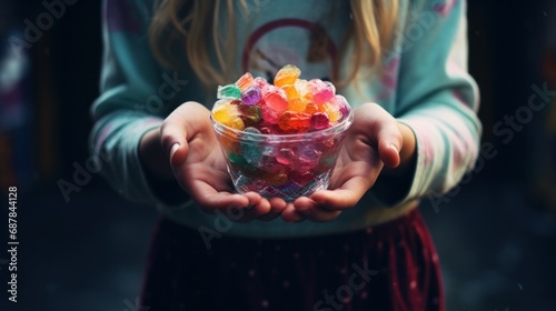 A little girl holding a bowl of gummy bears