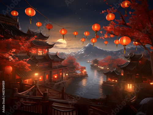 Ancient Fantasy Chinese Town Lunar New Year Night AI Artwork