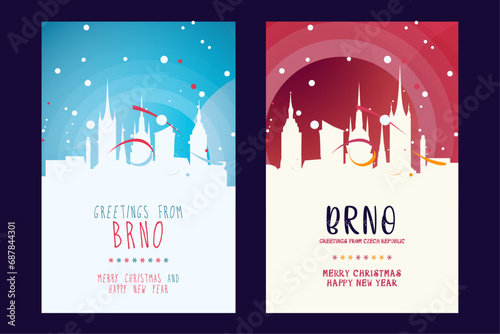 Brno city poster with Christmas skyline, cityscape, landmarks. Winter Czech Republic town holiday, New Year vertical vector layout for brochure, website, flyer, leaflet, card