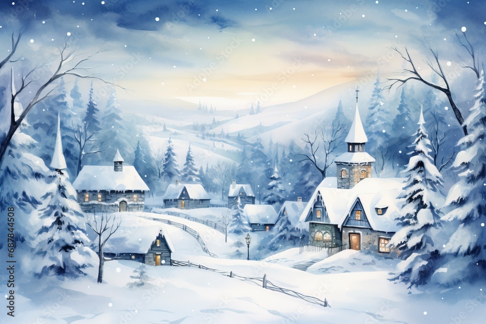 Fototapeta premium Winter village watercolor painting illustration made by generative ai