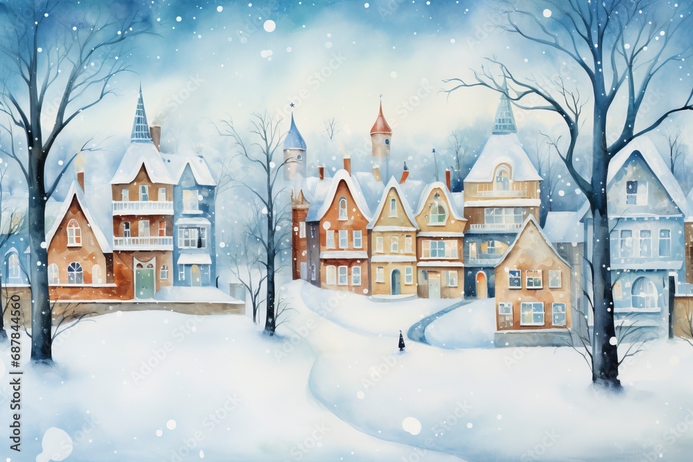 Winter village watercolor painting illustration made by generative ai