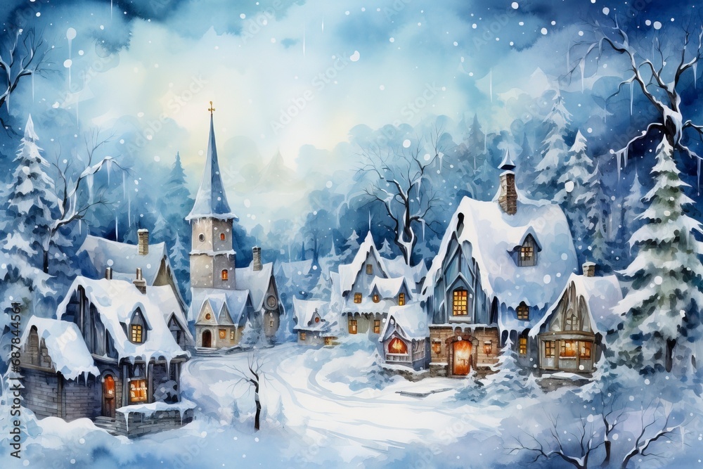 Fototapeta premium Winter village watercolor painting illustration made by generative ai