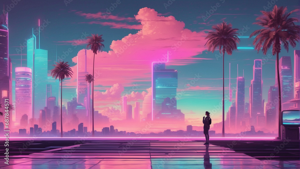 A person standing in a vibrant, vaporwave-inspired neon-lit futuristic cityscape at sunset