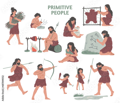 Tribal primitive cave people life, vector hand drawn Stone age illustrations set, ancient evolution traditions, culture