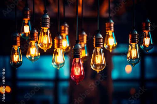 Decorative antique pendant light bulbs. Different shapes of colorful glowing retro lamps hanging on dark background.