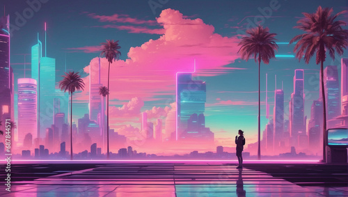 A person standing in a vibrant, vaporwave-inspired neon-lit futuristic cityscape at sunset photo