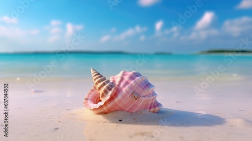 Pink Seashell on Sandy Beach Tropical Ocean View.