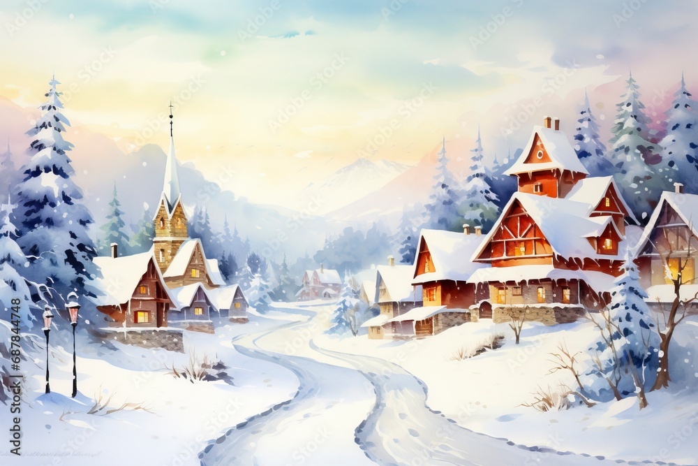 Naklejka premium Winter village watercolor painting illustration made by generative ai