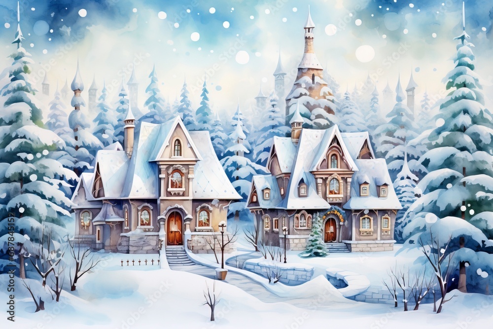 Fototapeta premium Winter village watercolor painting illustration made by generative ai