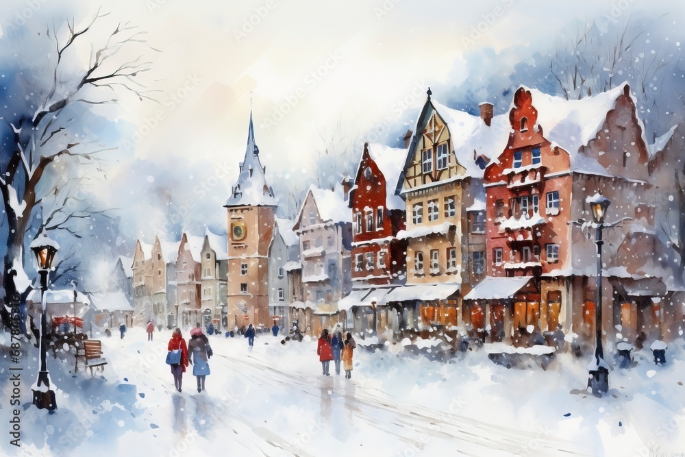 Winter village watercolor painting illustration made by generative ai