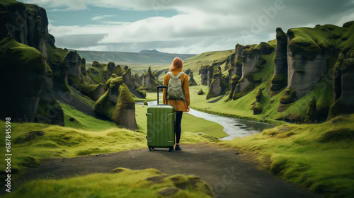 Fotografia Lone traveler with suitcase standing before lush green canyon