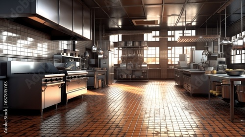 Modern Professional Commercial Kitchen with Equipment.