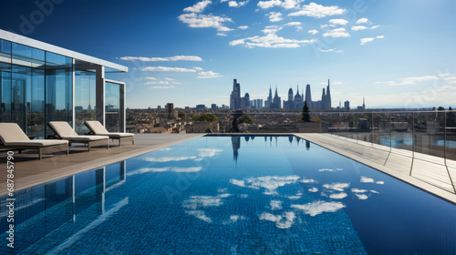 Modern infinity pool on a high-rise building against a city backdrop. Luxury living concept. Generative AI © ImageFlow