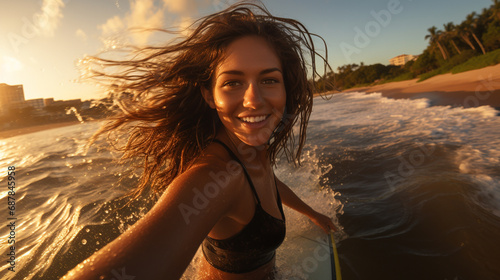 smiling woman rides ocean w...