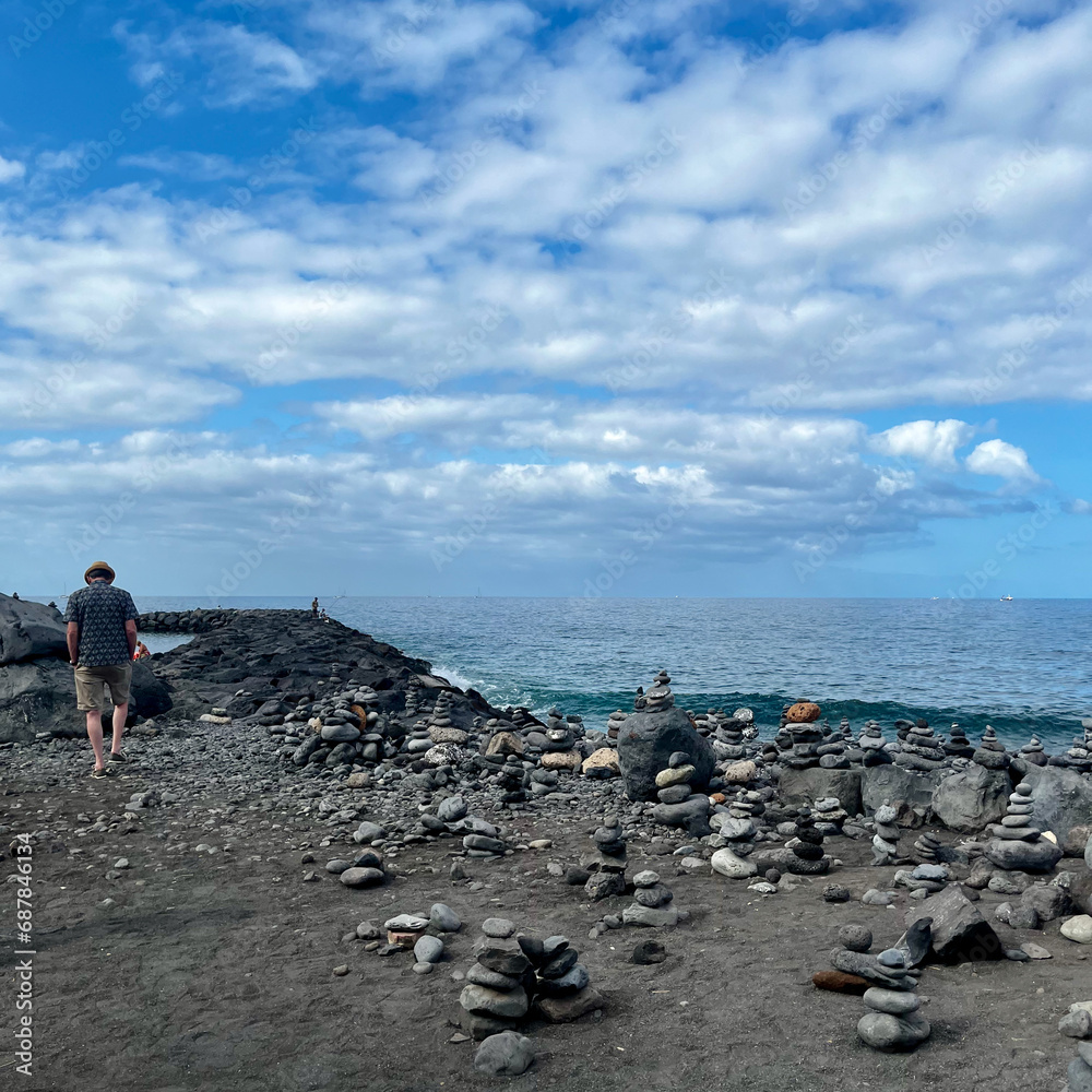 Stone figures on a beach with a beautiful sky in Tenerife. Canarian Island. Balance and serenity