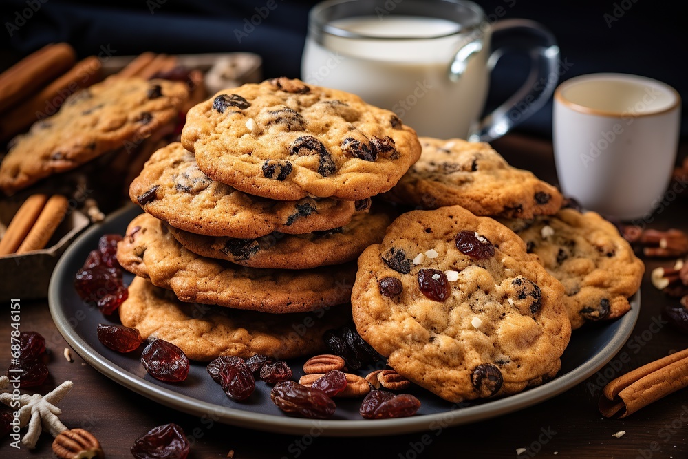 Homemade cookies with chocolate pieces and milk. Healthy meal on wooden background.