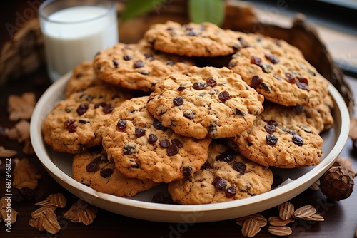 Homemade cookies with chocolate pieces and milk. Healthy meal on wooden background.