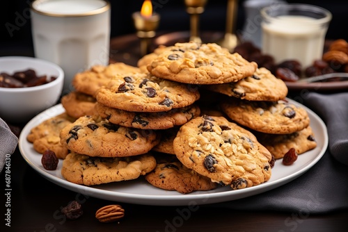 Homemade cookies with chocolate pieces and milk. Healthy meal on wooden background.