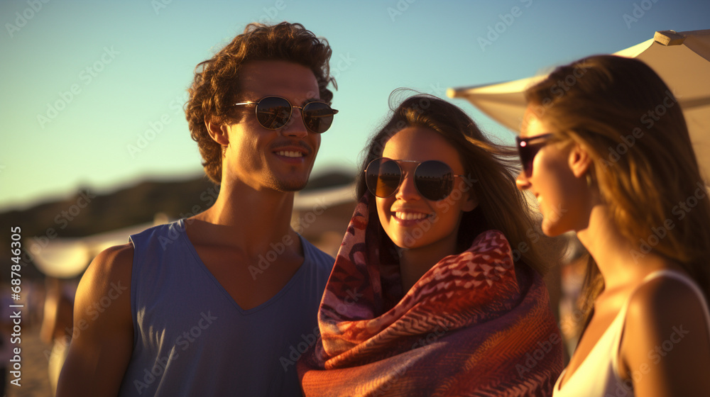 smiling couple and friend in sunglasses outdoors, enjoying lively atmosphere, fictional location