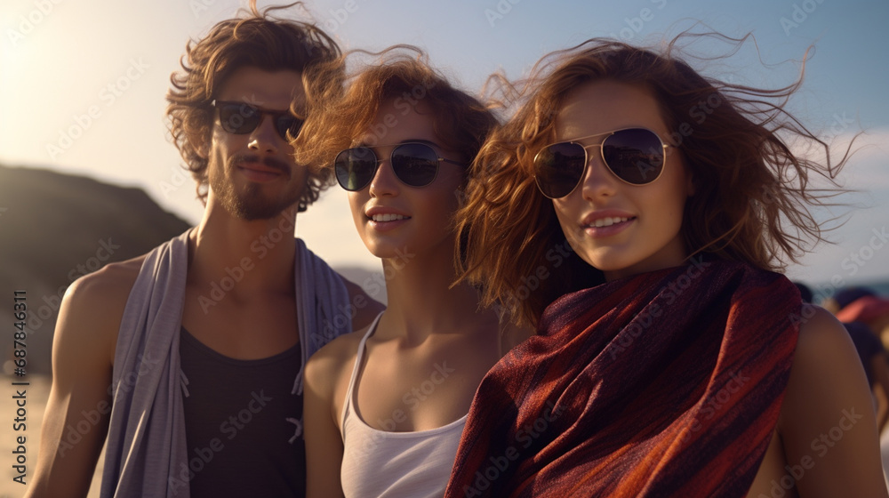 smiling couple and friend in sunglasses outdoors, enjoying lively atmosphere, fictional location