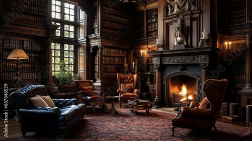 British traditional Library Room in a Manor. Wood and Chesterfield. AI Generative photo