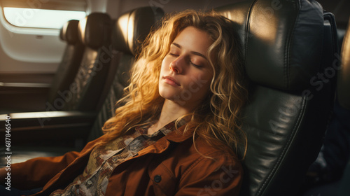 young woman sleeps on international flight