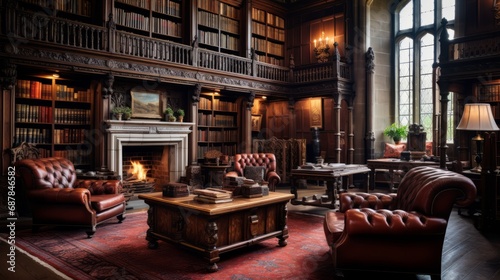 British traditional Library Room in a Manor. Wood and Chesterfield. AI Generative photo
