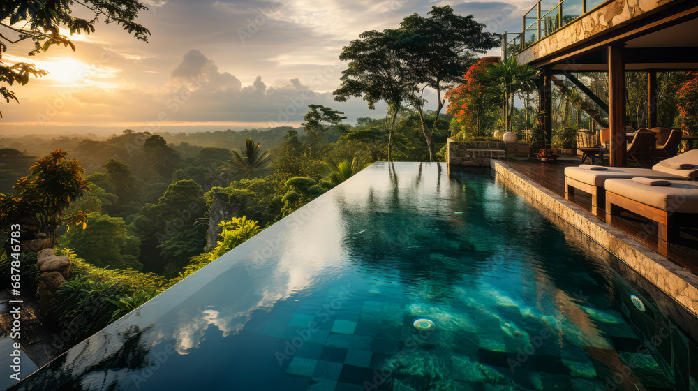 Infinity pool with jungle view at sunset, merging nature and luxury. Generative AI