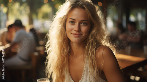 smiling blonde at restaurant table, joyful dining, good warm summer weather, fictional location © wetzkaz