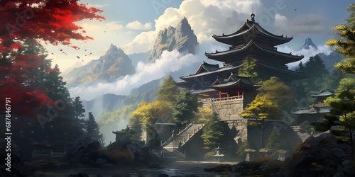 Ethereal Harmony Ancient Temple Tranquility in Japanese Mountains - Fantasy photo