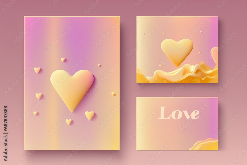 Valentine's day posters set. 3d yellow and pink hearts with place for text. Cute love sale banners, vouchers or greeting cards	