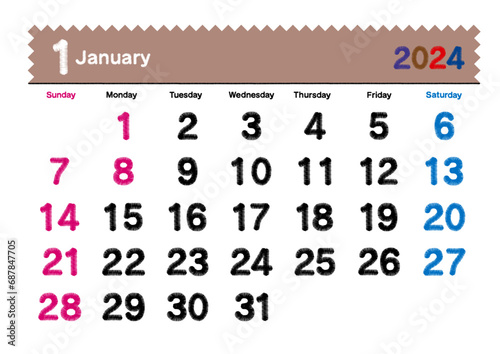 刺繍文字風の2024年1月のカレンダー 日曜始まり