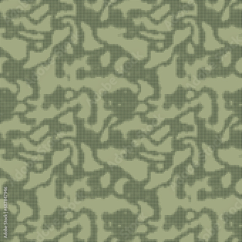 Abstract halftone seamless camouflage texture. Dot pattern in dark khaki green colors, camo digital two color background. Vector wallpaper