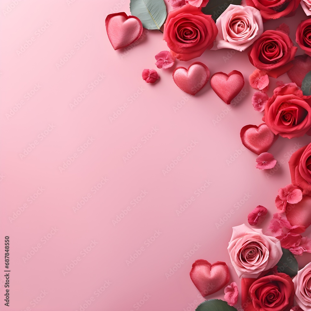 valentine's Day banner with rose flowers and hearts on pink background