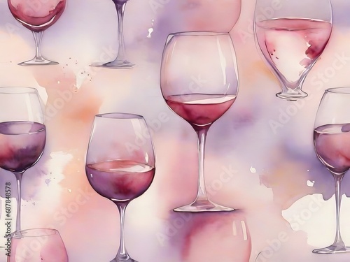 Una delicada copa de vino de acuarela, con suaves tonos de rosa y púrpura que se mezclan para crear una escena romántica y de ensueño photo