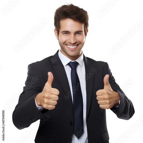 A businessman in a suit is smiling happily and giving a great thumbs up on a transparent background PNG photo