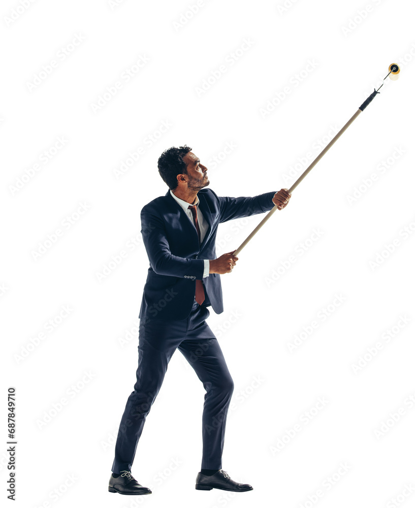 Businessman visualizing his ideas with a roller on a transparent background Businessman visualizing his ideas with a roller on a transparent background