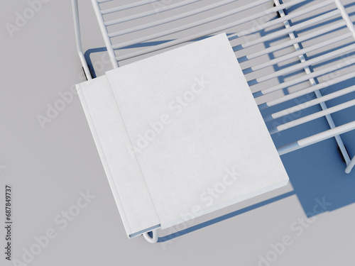 Φωτογραφία White Blank Hardcover Book  Slip Case 3D Mockup on a Chair