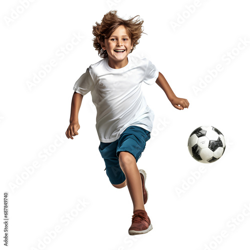Boy playing football happily on PNG transparent background