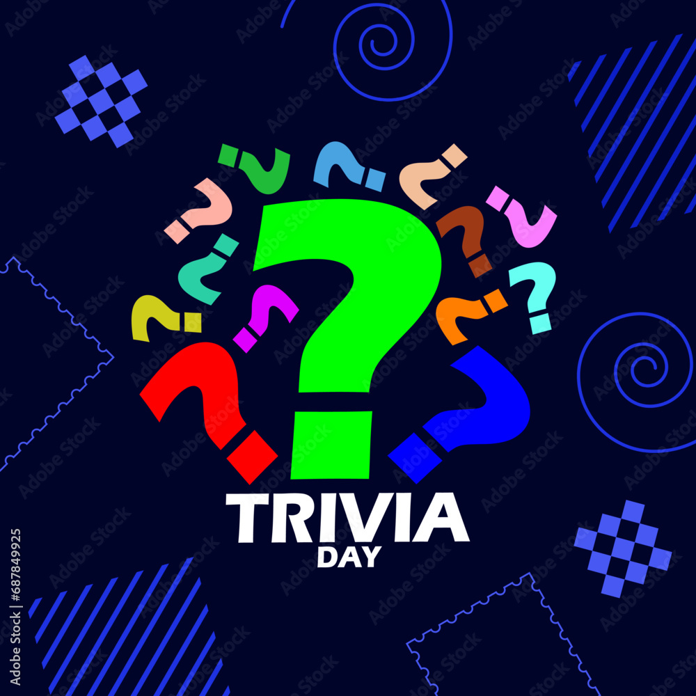 National Trivia Day event banner. Several colorful question mark symbols with bold text and elements on dark blue background to celebrate on January 4