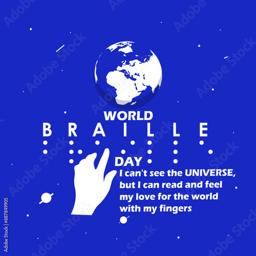 World Braille Day event banner. Braille letters with earth icon, bold text and sentence on blue background to commemorate on January 4