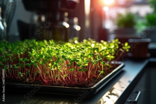 Red beetroot microgreen sprouts grown at home kitchen. Healthy eating concept photo