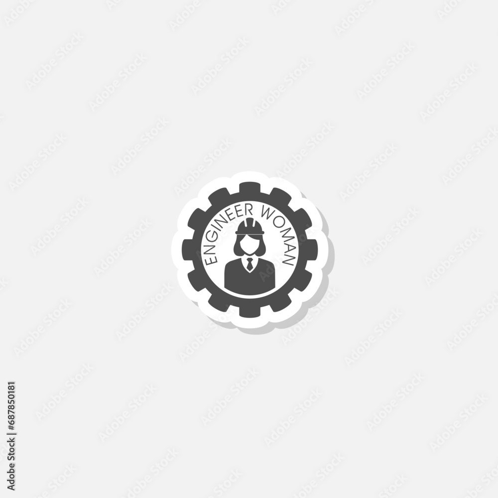 Female engineer gear icon sticker isolated on gray background Female engineer gear icon sticker isolated on gray background